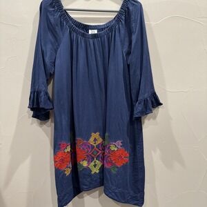 Ivy Jane Tunic Dress Womens Medium Blue Embroidered Boho Peasant 3/4 Sleeve